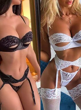 Sexy Underwear Lace Three Piece Set Women's Bra Black and Wh