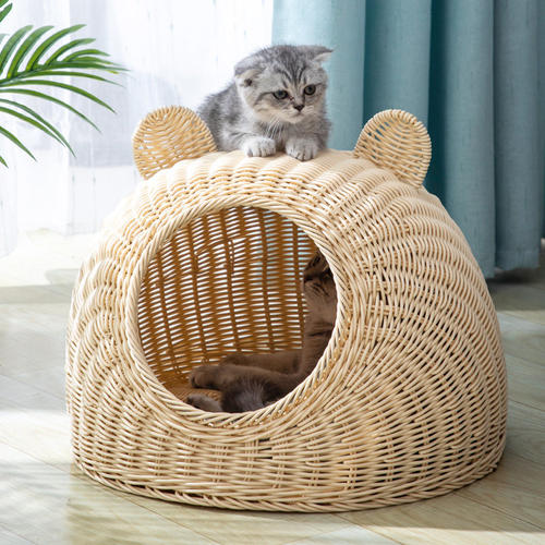 藤编半封闭式猫窝米色凉
