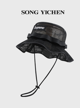 Supremo字母黑色速干渔夫帽男女夏季可折叠登山帽户外防晒遮阳帽