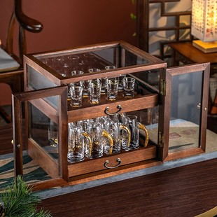 高档家用金箔白酒杯金山套装 分酒器高端双层玻璃实木木盒展示收纳