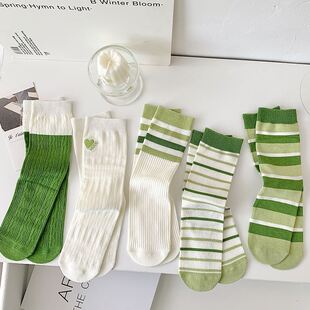 春夏季 绿色女中筒袜可爱堆堆袜条纹百搭学院风日系长筒网红 薄款