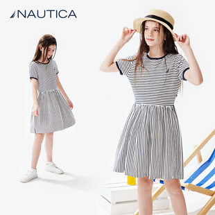 女童条纹针织连衣裙夏季 NAUTICA童装 儿童裙子高弹收腰休闲洋气