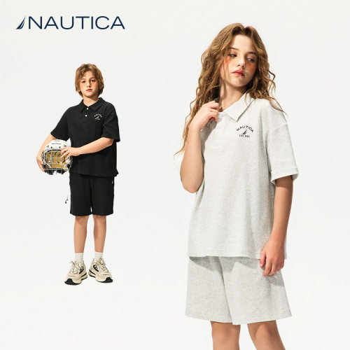 NAUTICA童装 男童女童短袖POLO衫短裤夏季儿童华夫格休闲运动套装
