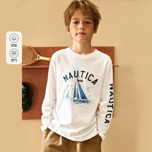 NAUTICA/诺帝卡童装 男女童长袖上衣秋冬儿童航海学院印花打底长T