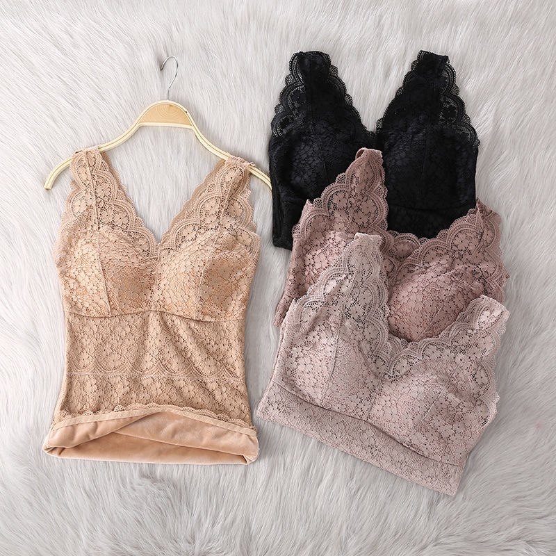 加绒带胸垫蕾丝背心女吊带大码无袖蕾丝打底保暖内搭裹胸上衣内衣