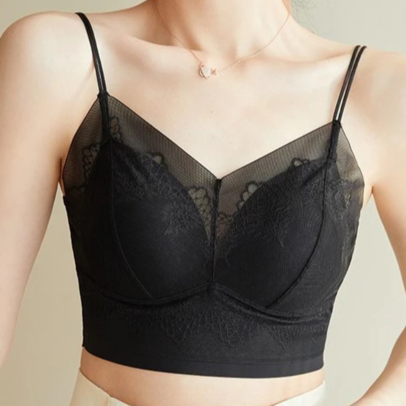无钢圈收副乳内衣女蕾丝无痕冰丝美背短款内搭一体式文胸冰丝背心