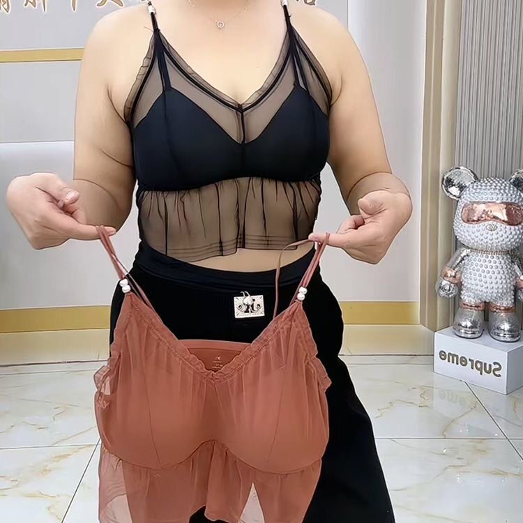 抹胸文胸聚拢大码春季胖mm美背内衣薄款网纱一体式内搭无袖打底衫