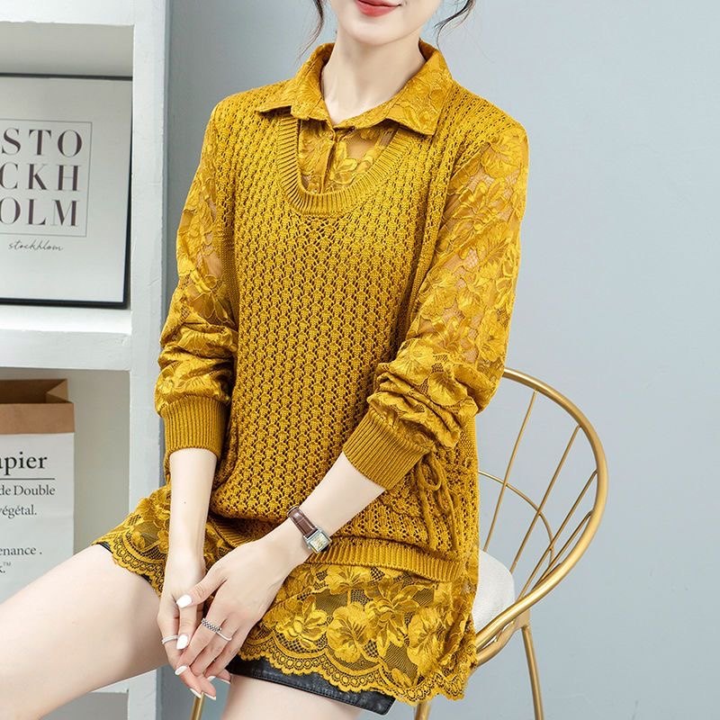 大码宽松毛针织打底衫女中长款假两件套头衬衫秋装上衣妈妈洋气女