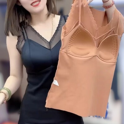 2024秋冬新款缎面吊带女内搭德绒加厚保暖背心文胸一体式免穿内衣