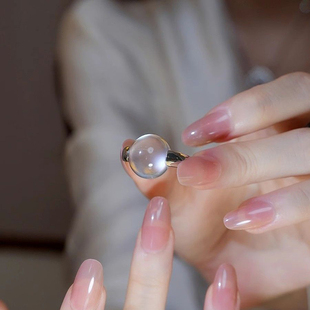 水沫子玉石玉髓冰种蛋面戒指女士镀S925银媲美奢华时尚百搭指环