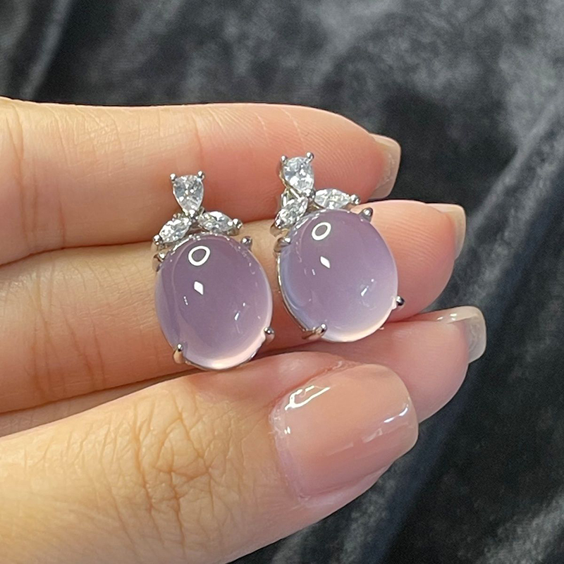 天然翡玻璃种高冰种粉玉髓s925银镀18K玫瑰金芙蓉宝石浪漫耳饰