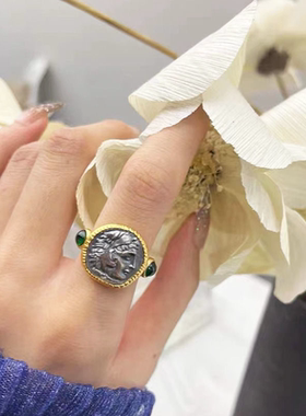 【钱币】小众设计仿土耳其大力神古币镶嵌绿钻戒指镀925轻奢古典