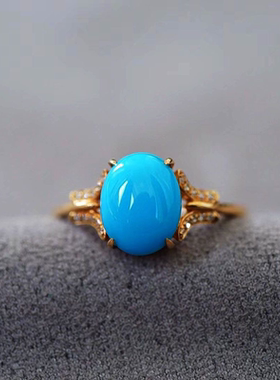 仿绿松石镀金18K金镶嵌小钻戒边戒指大气国潮复古精致款个性气质