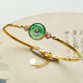 镀金气质百搭 天然飘花绿玉髓平安扣镶嵌钻手镯女款 好运扣