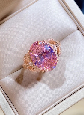 超美粉钻S925银戒指镀玫瑰金碧玺满镶嵌奢华复古宴会日常新款女