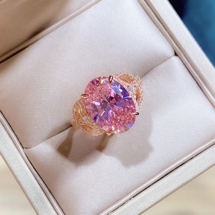 超美粉钻S925银戒指镀玫瑰金碧玺满镶嵌奢华复古宴会日常新款 女