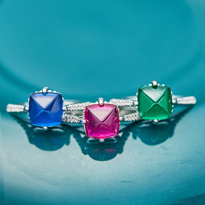 s925银珠宝镶嵌彩宝戒碧玺红糖塔戒指四爪糖包祖母绿女款方块戒指