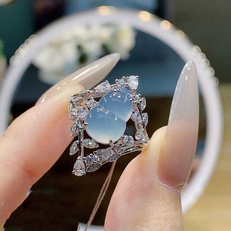 镀S925银镶钻高冰胶蓝底葫芦戒指女高端宫廷风小众设计开口指环