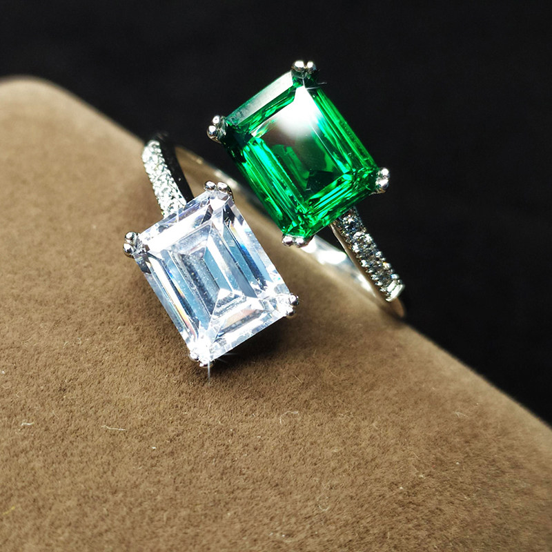 原创设计镀925银3克拉祖母绿托帕石蓝宝石方爆闪德国高碳钻戒指
