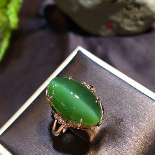 天然绿色猫眼石925银指环玫瑰金