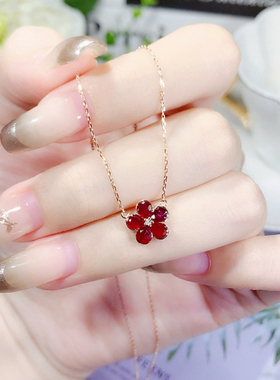 新款镀18K玫瑰金镶嵌红宝石五叶草项链女日韩轻奢小众百搭锁骨链
