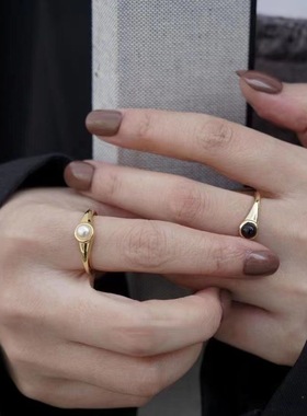 仿珍珠黑玛瑙钻法式女款冷淡风戒指小众设计百搭食指环开口可调节