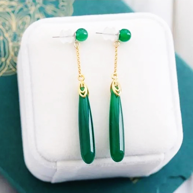 中国风中式复古风绿玉髓无痛耳坠
