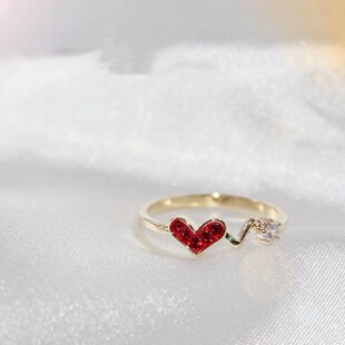 锆石微镶红色爱心锆石心电图时尚戒指指环ins个性潮流小众通勤