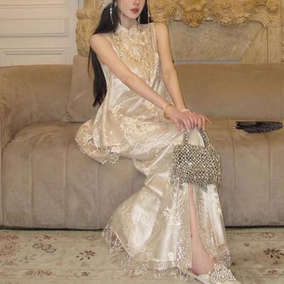 【花涧绣】新中式重工蕾丝珠绣斜襟马甲鱼尾半身长裙国风两件套装