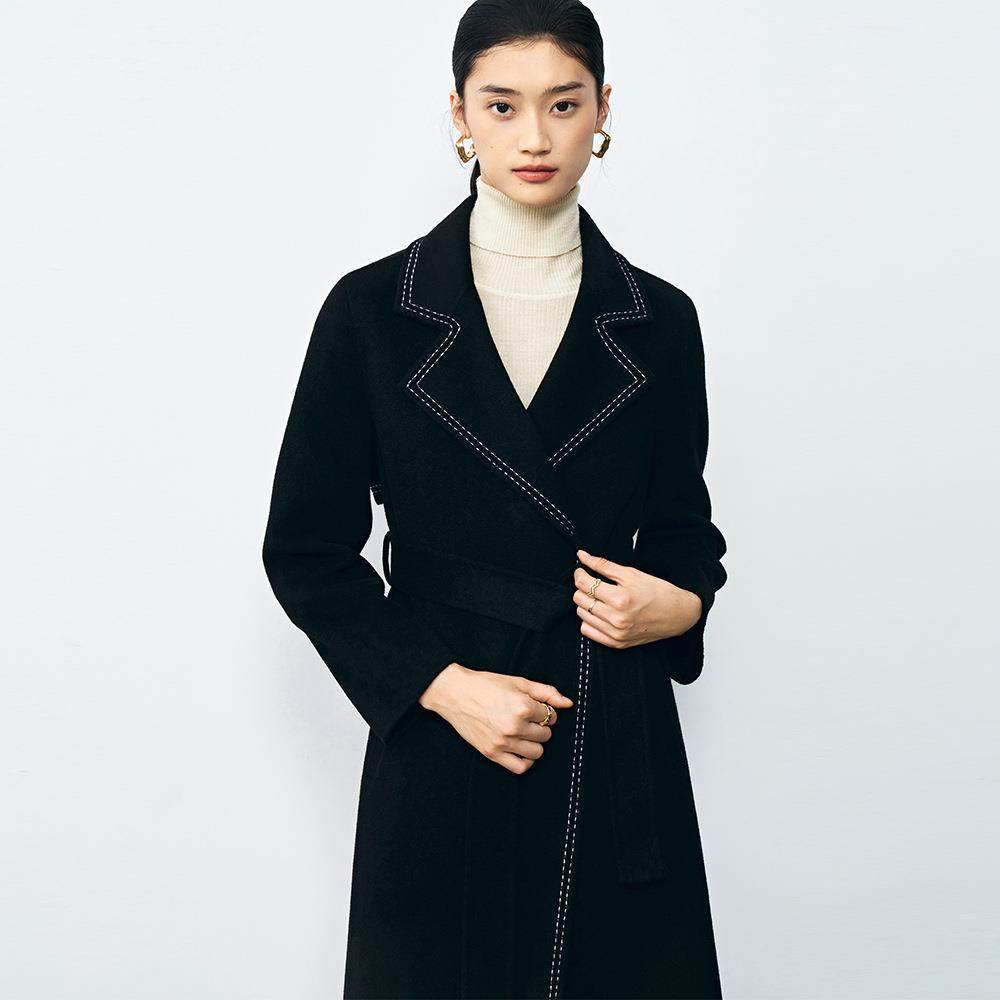 秋冬新黑色双面呢设计感风衣式通勤刺绣外套大衣中长款女22129