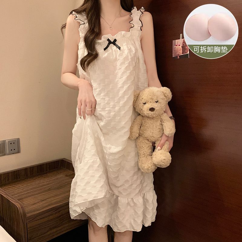 带胸垫睡裙女夏季薄款纯棉吊带背心夏天小香风高级感中长款家居服