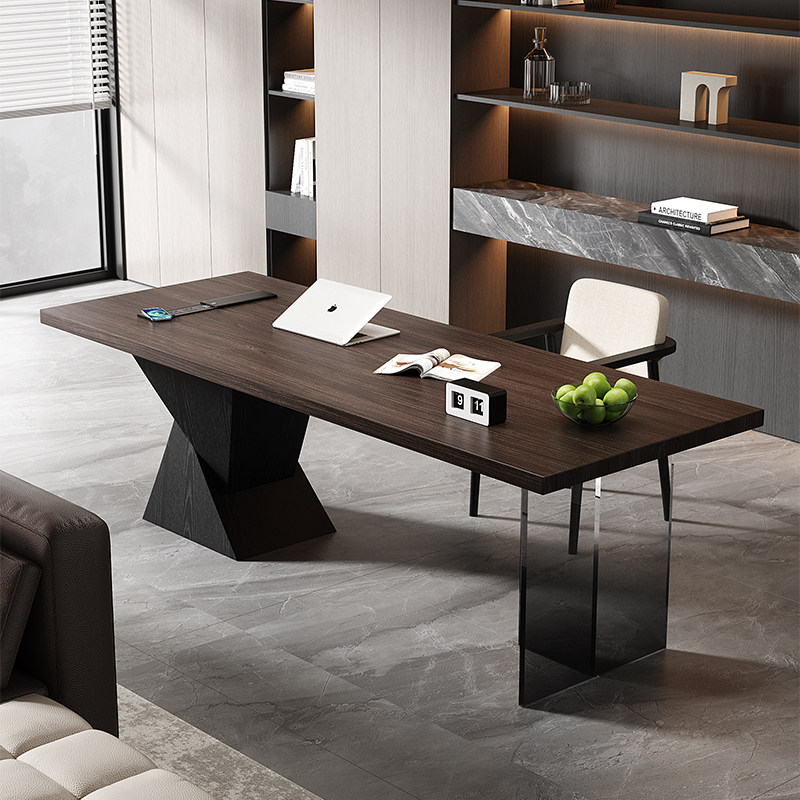 轻奢意式极简风实木电脑书桌带智能插座简约家用办公会议桌工作台