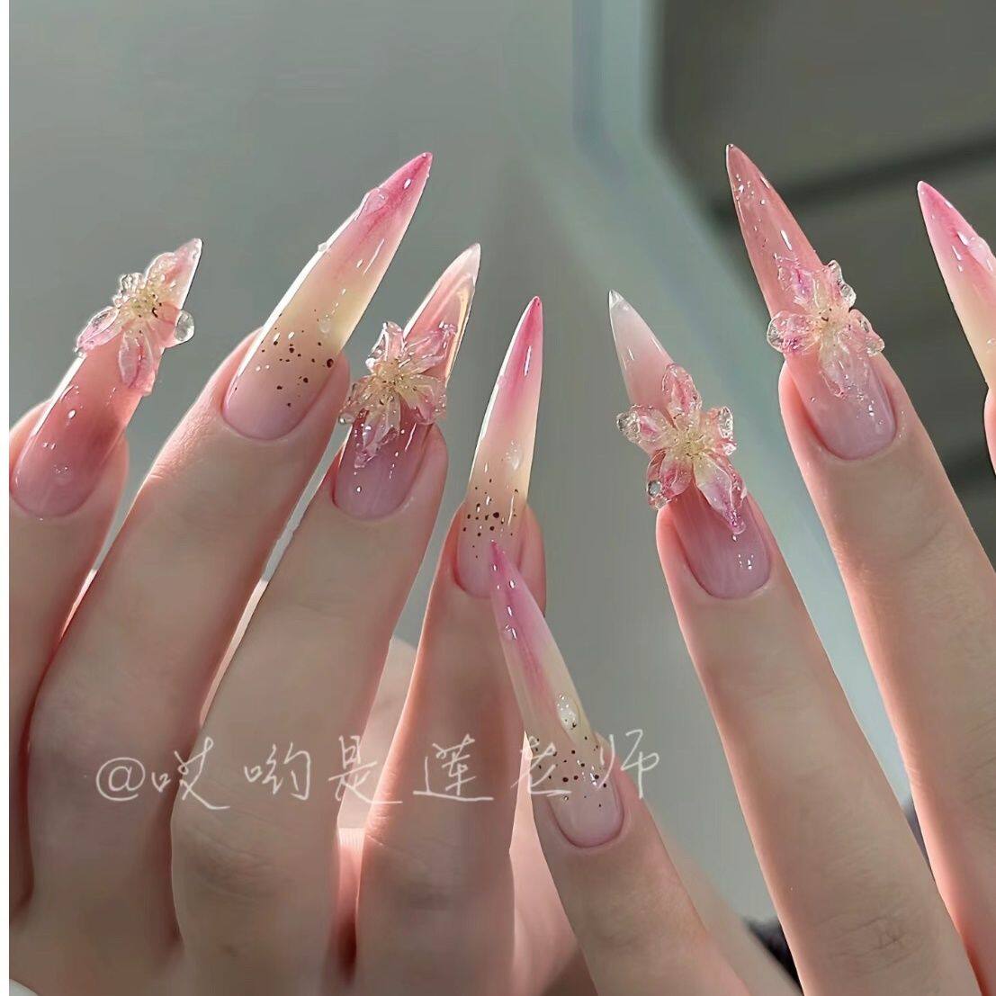 百合冰晶花立体仙气腮红爆火超长水滴纯手工制作穿戴甲可拆卸