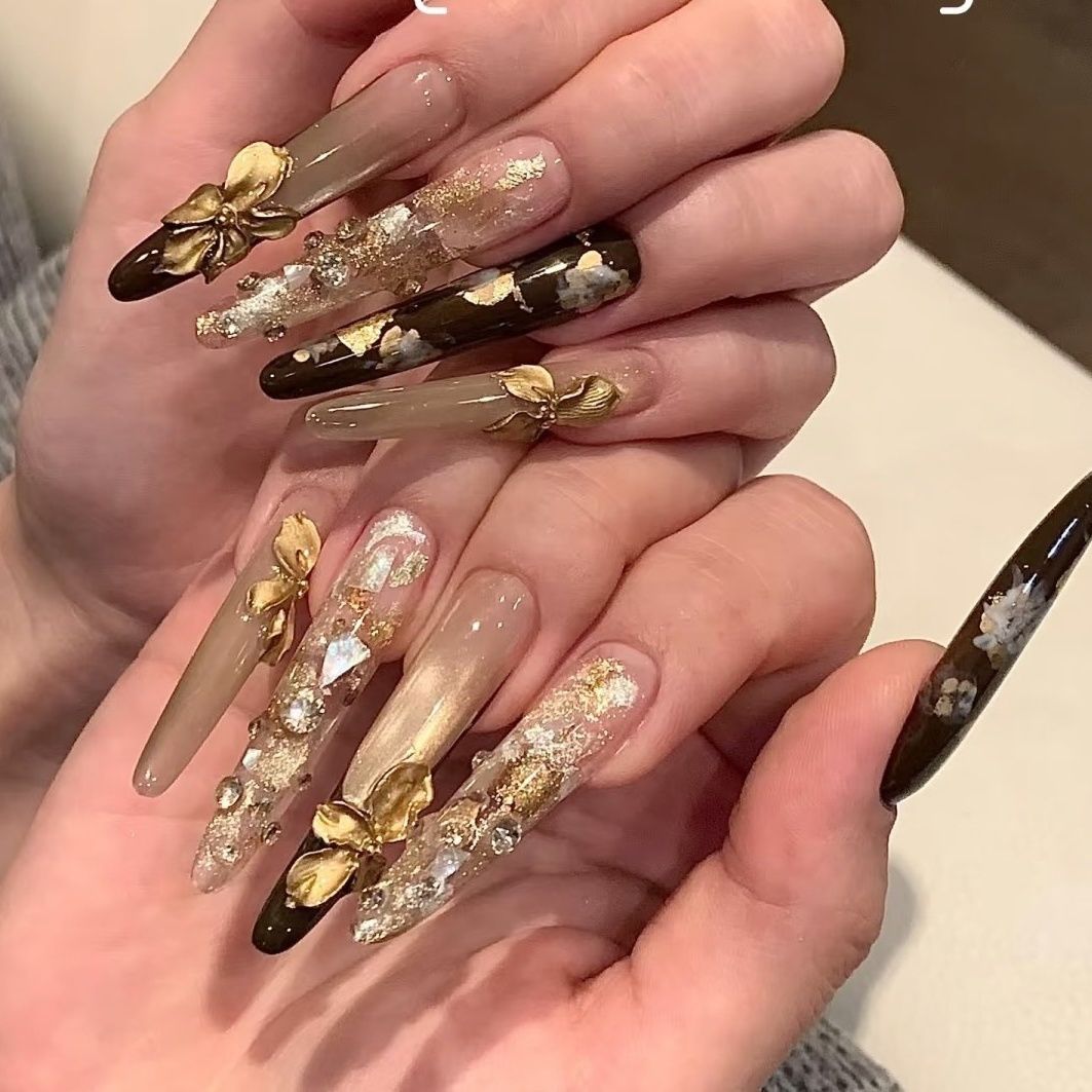 贵气感醋酸立体香槟雕花层次感金棕复古花纯手工制作穿戴甲