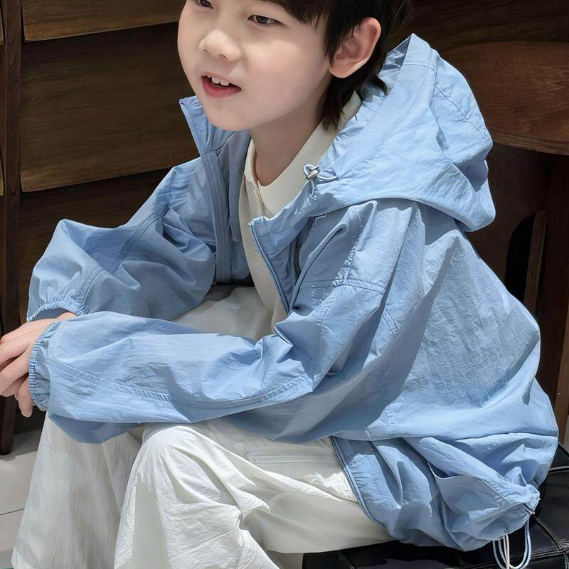 男童蓝色韩版防晒衫外套春夏季2026新款儿童洋气薄款轻薄连帽上衣