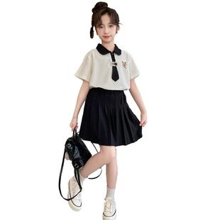 女童夏装连衣裙2025新款洋气女孩夏季Polo衫儿童学院风百褶裙套装