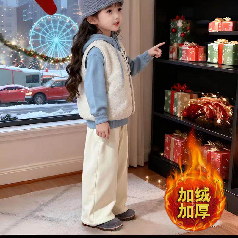女童冬装卫衣三件套装加绒加厚马甲2025新款儿童炸街女孩冬季时髦