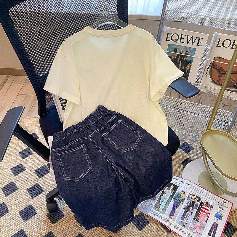 女童夏装T恤套装2025新款洋气女大童短袖夏季休闲牛仔短裤两件套t