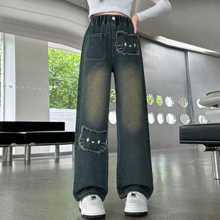 女童牛仔裤冬季初中大童学生直筒阔腿裤儿童秋冬装加绒宽松长裤子