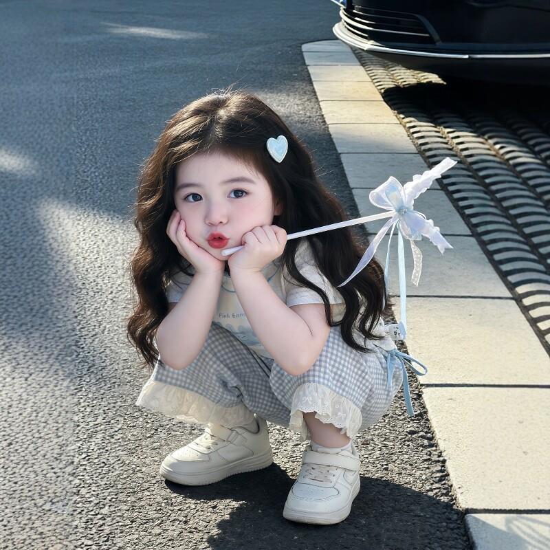 女童套装2026夏季新款儿童娃娃领兔子印花短袖宝宝时髦花边格子裤