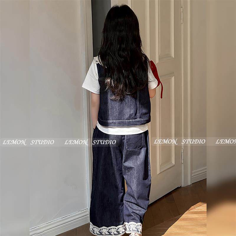 女童夏套装新款超好看夏季牛仔裤子马甲打底衫三件套儿童夏装衣服