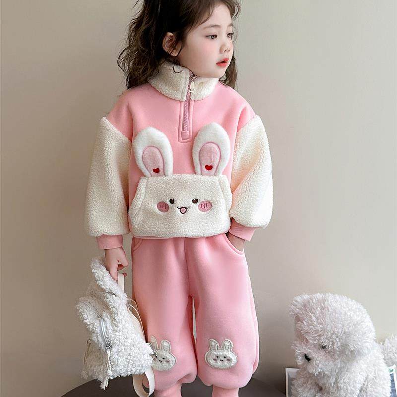 女童兔子加绒套装秋冬季2025新款儿童加厚卫衣两件套宝宝可爱衣服