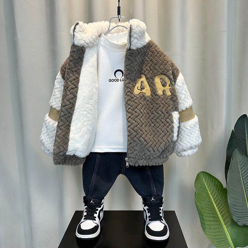 男童加绒外套冬装2025新款洋气男宝毛毛衣儿童加厚羊羔绒冬季棉服