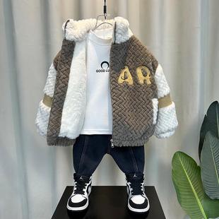 男童加绒外套冬装2025新款洋气男宝毛毛衣儿童加厚羊羔绒冬季棉服