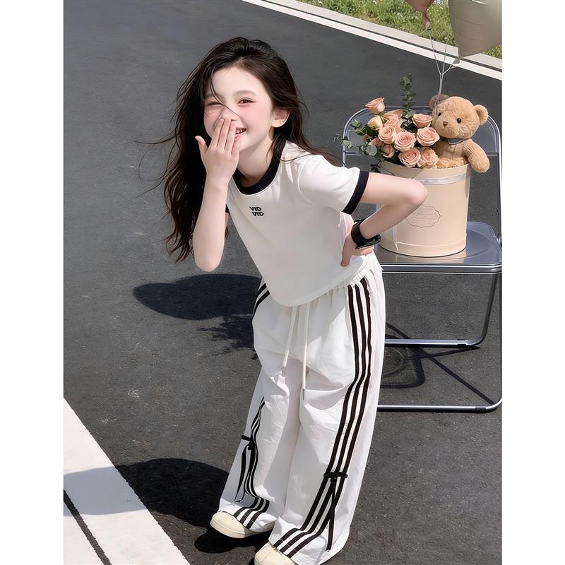 女童夏装套装2026新款童装儿童运动阔腿裤独特漂亮短袖两件套大童