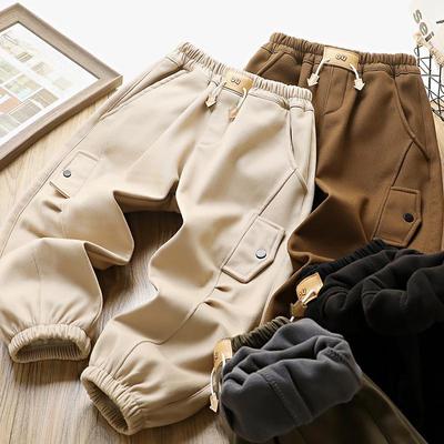 男童加绒加厚裤子秋冬2024新款儿童一体绒防风裤中大童保暖工装裤