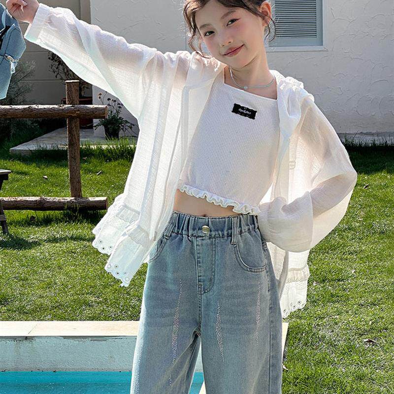 韩版童装2026夏季新款儿童纯色薄款花边连帽防晒衣女童户外外套
