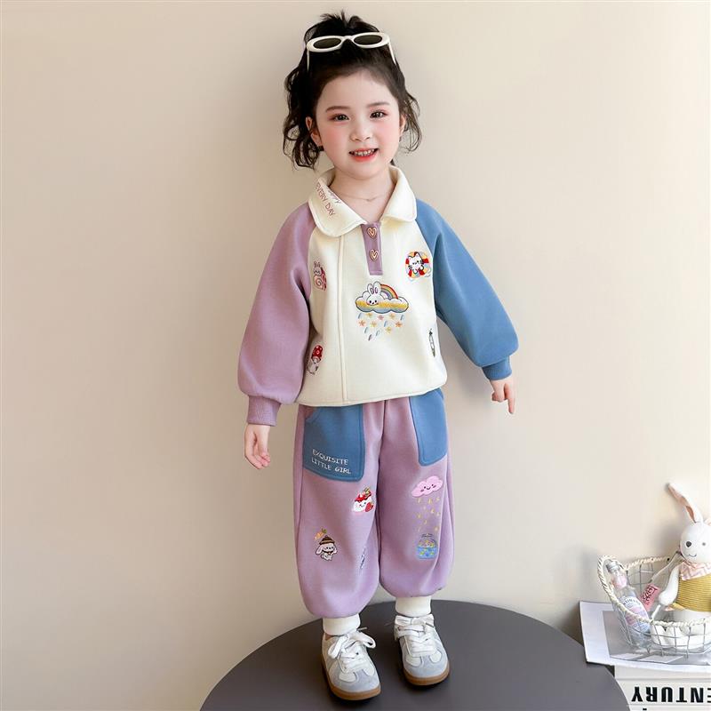 女小童拼色套装春秋款2026儿童翻领卡通卫衣春装女宝宝运动两件套