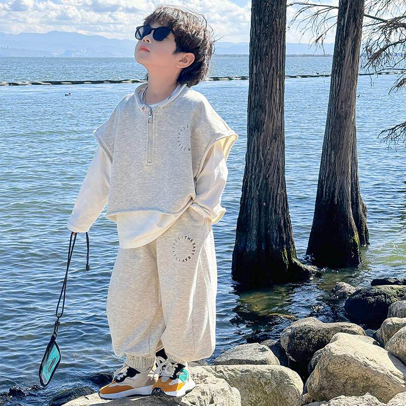 男童套装秋装2025新款儿童秋季洋派卫衣三件套男孩春秋款潮酷衣服