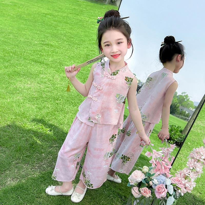 汉服女童棉绸套装夏季2025新款洋气时髦儿童新中式夏装女宝两件套
